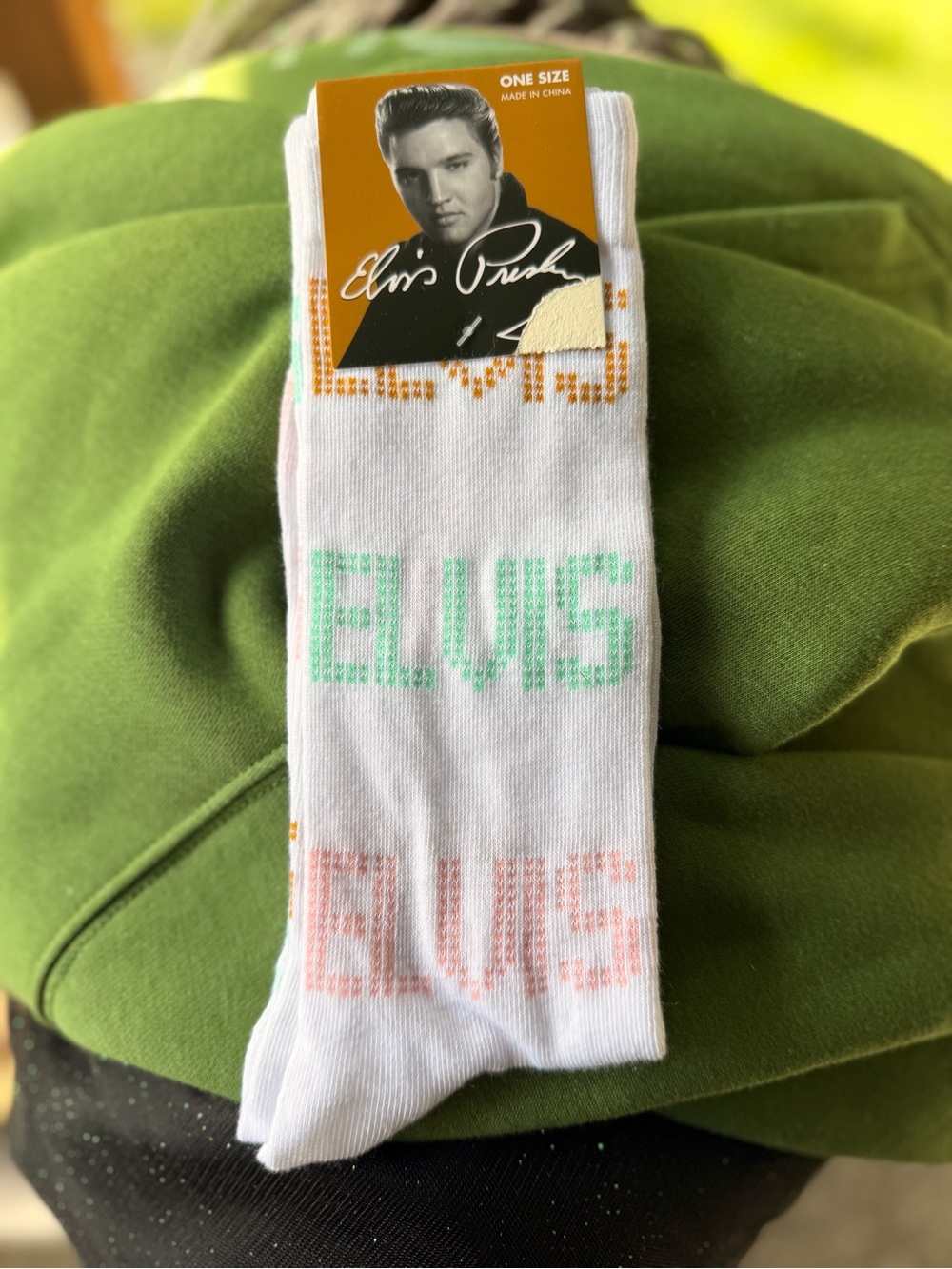 Elvis White Crew Socks with Mint and Peach Logo